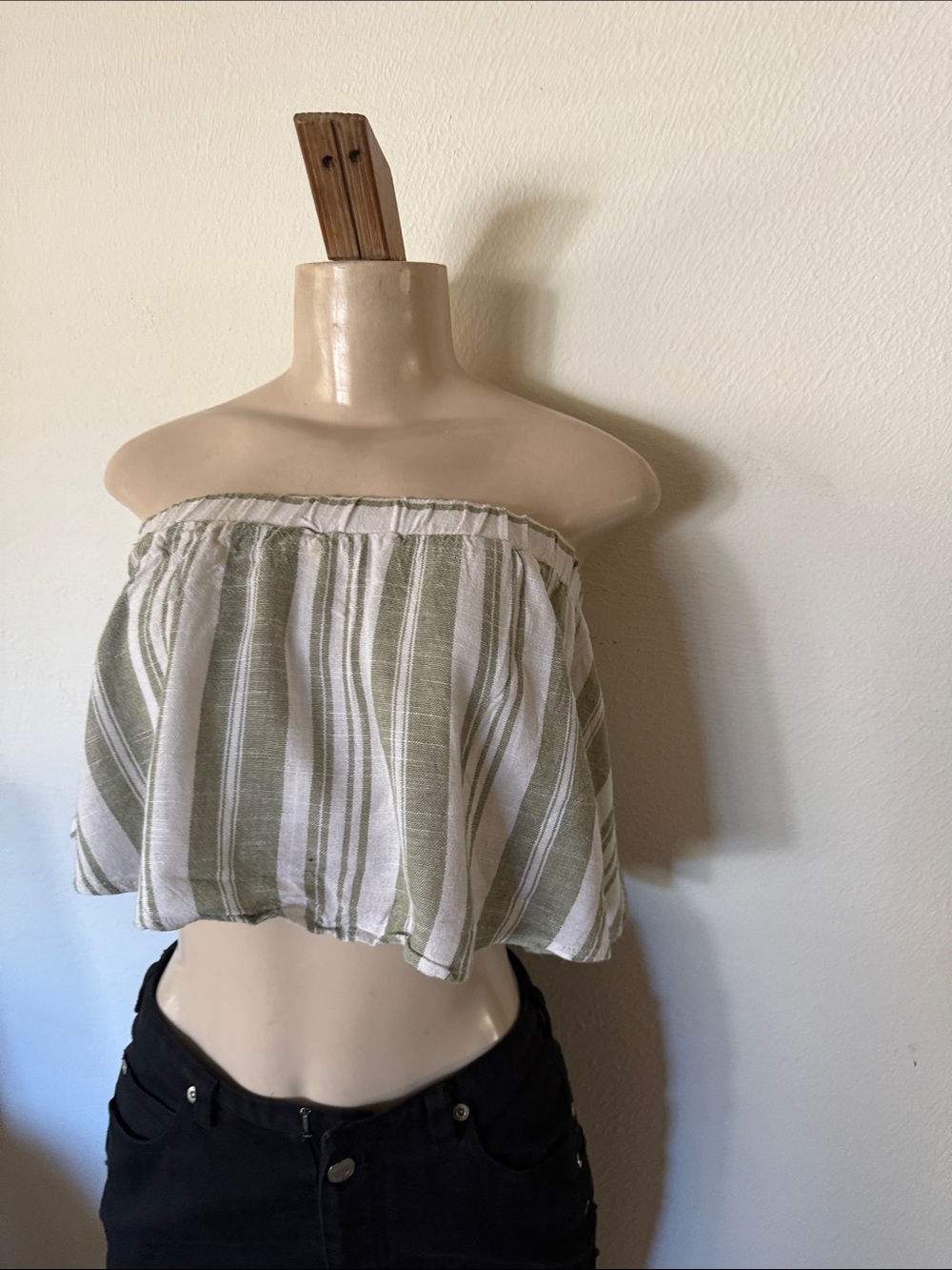 Blue Blush Olive Green & White Striped Off-Shoulder Crop Top S